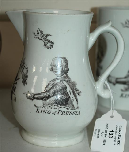 A Worcester black printed King of Prussia baluster jug, dated 1757, 5.75in.